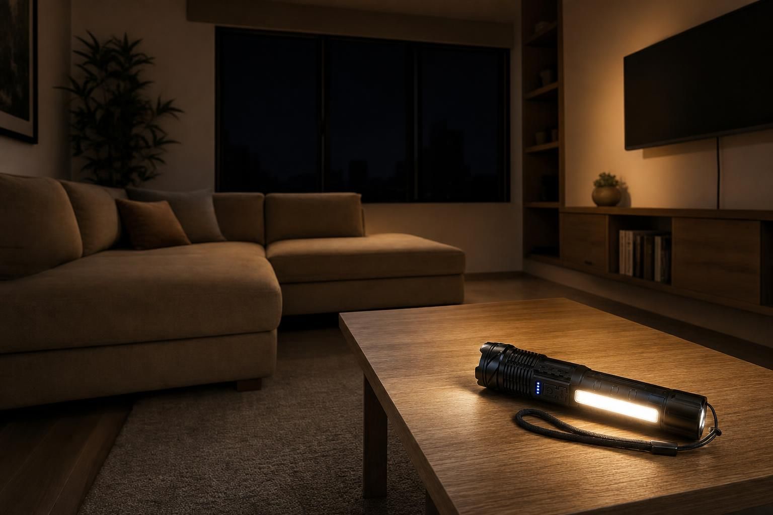 La misma sala iluminada por la luz lateral de la linterna